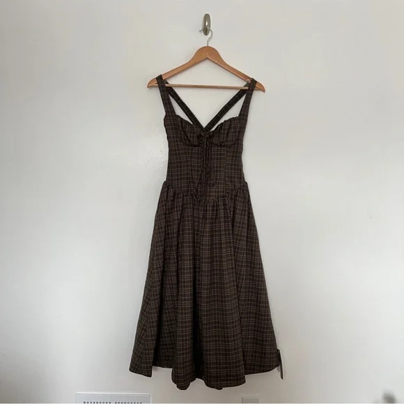 For Love & Lemons University Plaid Midi Dress Brown Drop Waist Size S NWT - Picture 2 of 9